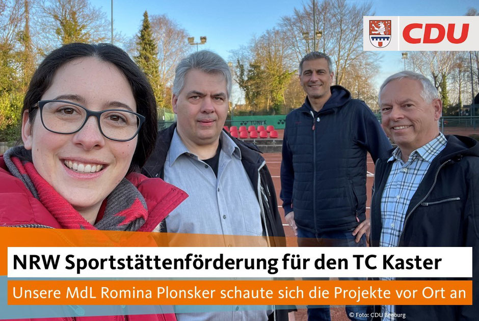 Foto: © CDU Bedburg, v.l.n.r. Romina Plonsker MdL, Achim Renner, Michael Stupp, Heinz-Gerd Weller (TC Kaster)